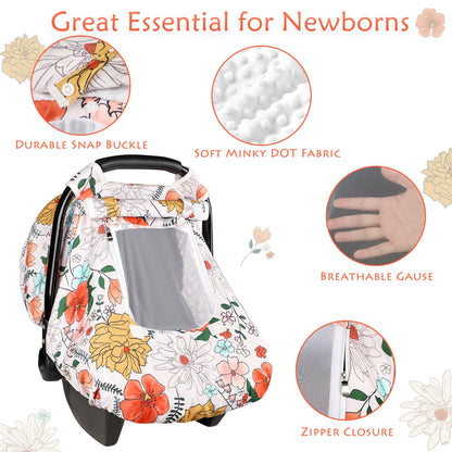 Pea Pod Car Seat Cover Baby, Infant Car Seat Canopy Covers for Newborn with 2 Layers Windows of Breathable Mesh Fabric, Lightweight Polyester/Soft Minky Dot Backing (Floral & Rainbow)