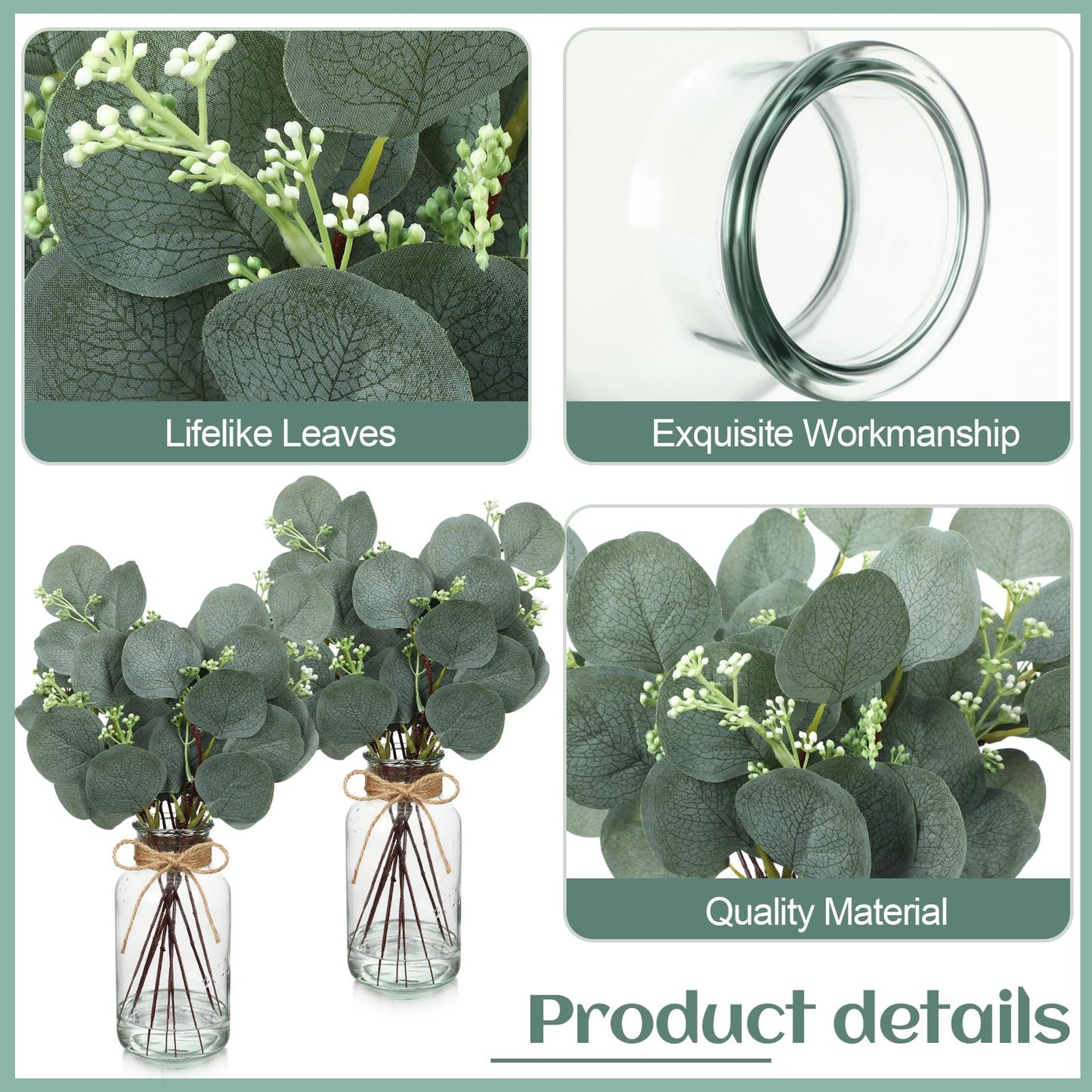 4 Pack Artificial Eucalyptus Stems in Glass Vase 15 Inch Fake Plants Eucalyptus Potted Fake Plant with Double-Sided Green Leaves for Desk,Farmhouse,Wedding,Home,Office Decor(Classical)
