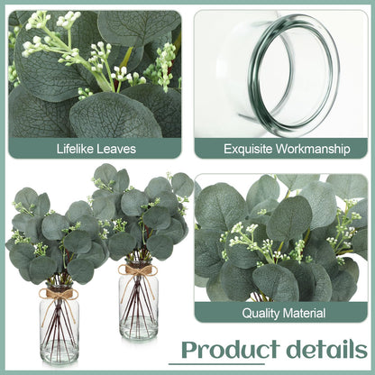 4 Pack Artificial Eucalyptus Stems in Glass Vase 15 Inch Fake Plants Eucalyptus Potted Fake Plant with Double-Sided Green Leaves for Desk,Farmhouse,Wedding,Home,Office Decor(Classical)
