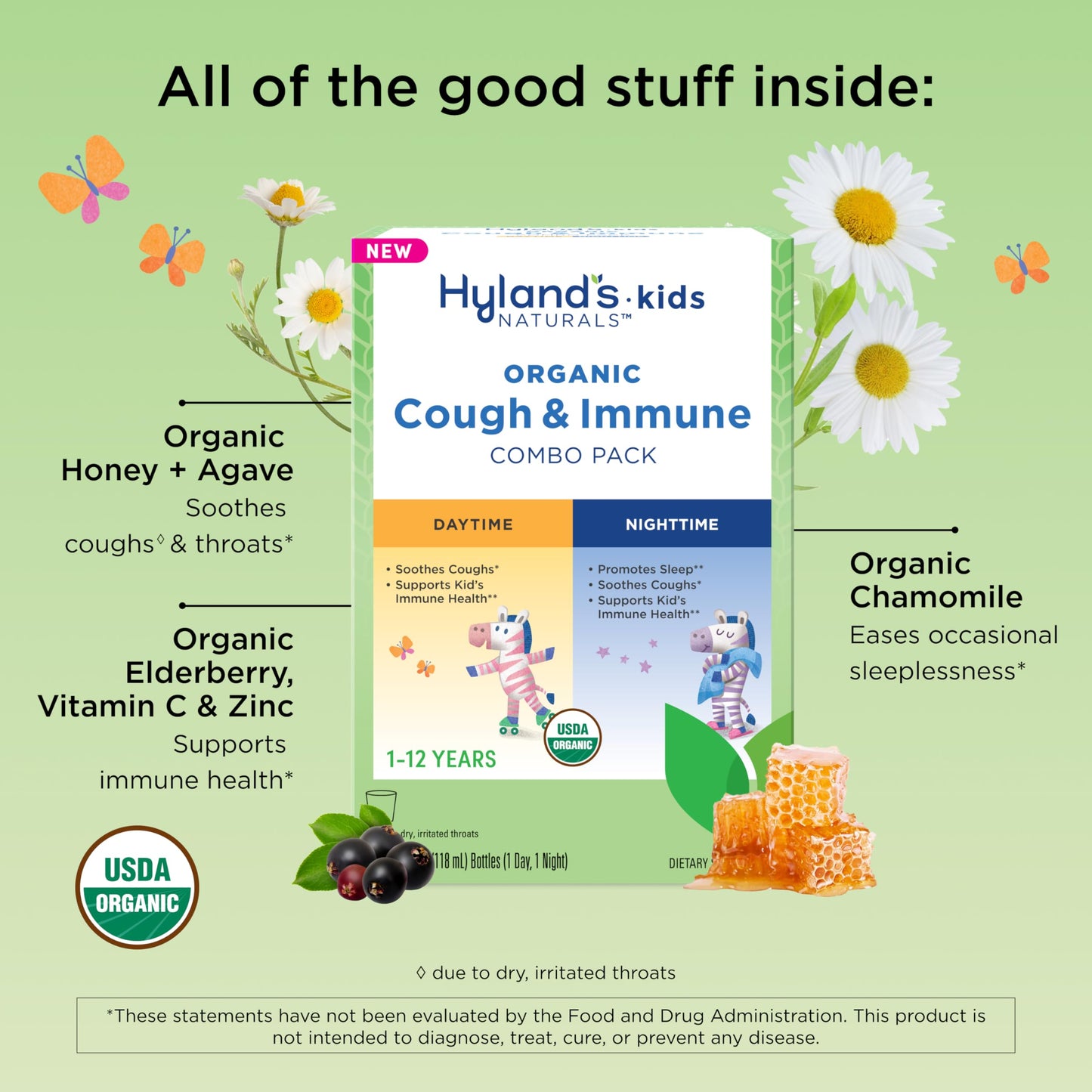 Hyland's Kids Nighttime Organic Cough Syrup and Immune Support with Agave, Elderberry and Pomegranate, Soothes Cough, and Supports Immunity, 4 Fl. Oz.
