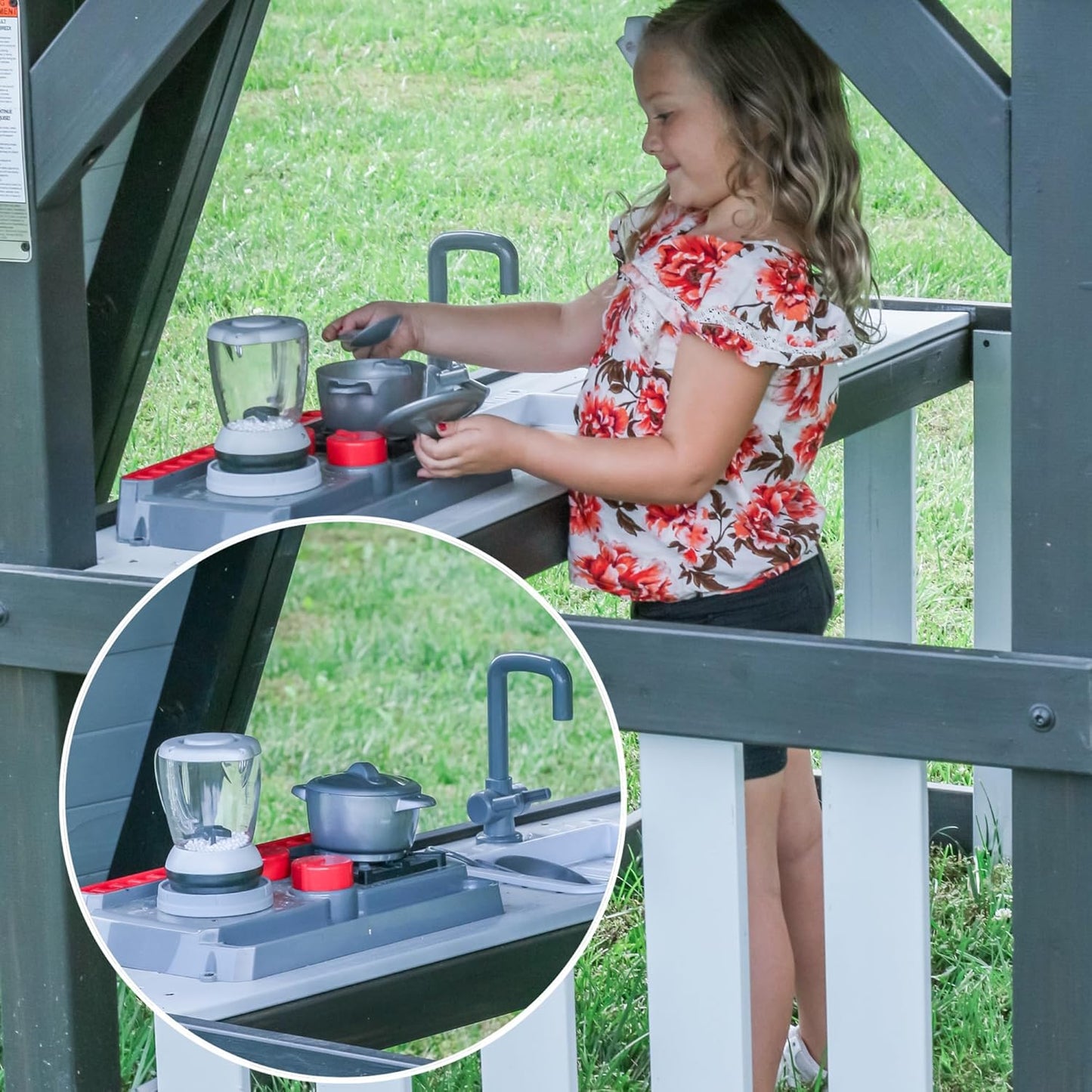 Backyard Discovery Whispering Point Light Gray Cedar Wood Swing Set with Wave Slide, Clubhouse, Crows Nest, Play Kitchen, Belt Swings, Web Swing, Rock Wall, Playhouse, Ladder, Windows, Outdoor Playset