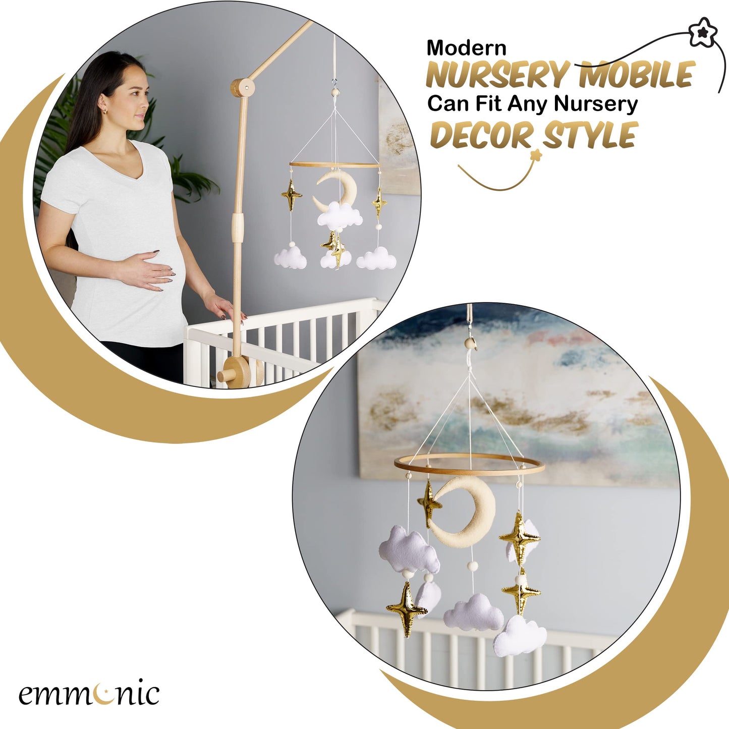 Baby Mobile for Crib - Handmade Modern Boho Baby Mobiles for Bassinet Felt Nursery Mobile Gender Neutral - Gold Moon and Stars - Girl Cribs Decorations