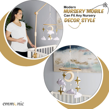 Baby Mobile for Crib - Handmade Modern Boho Baby Mobiles for Bassinet Felt Nursery Mobile Gender Neutral - Gold Moon and Stars - Girl Cribs Decorations