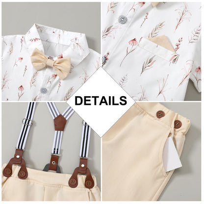 CARETOO Toddler Boy Clothes Suit Gentleman Wedding Outfits Kids Formal Dress Shirt Bowtie Long Suspender Pants Overalls 1-5T