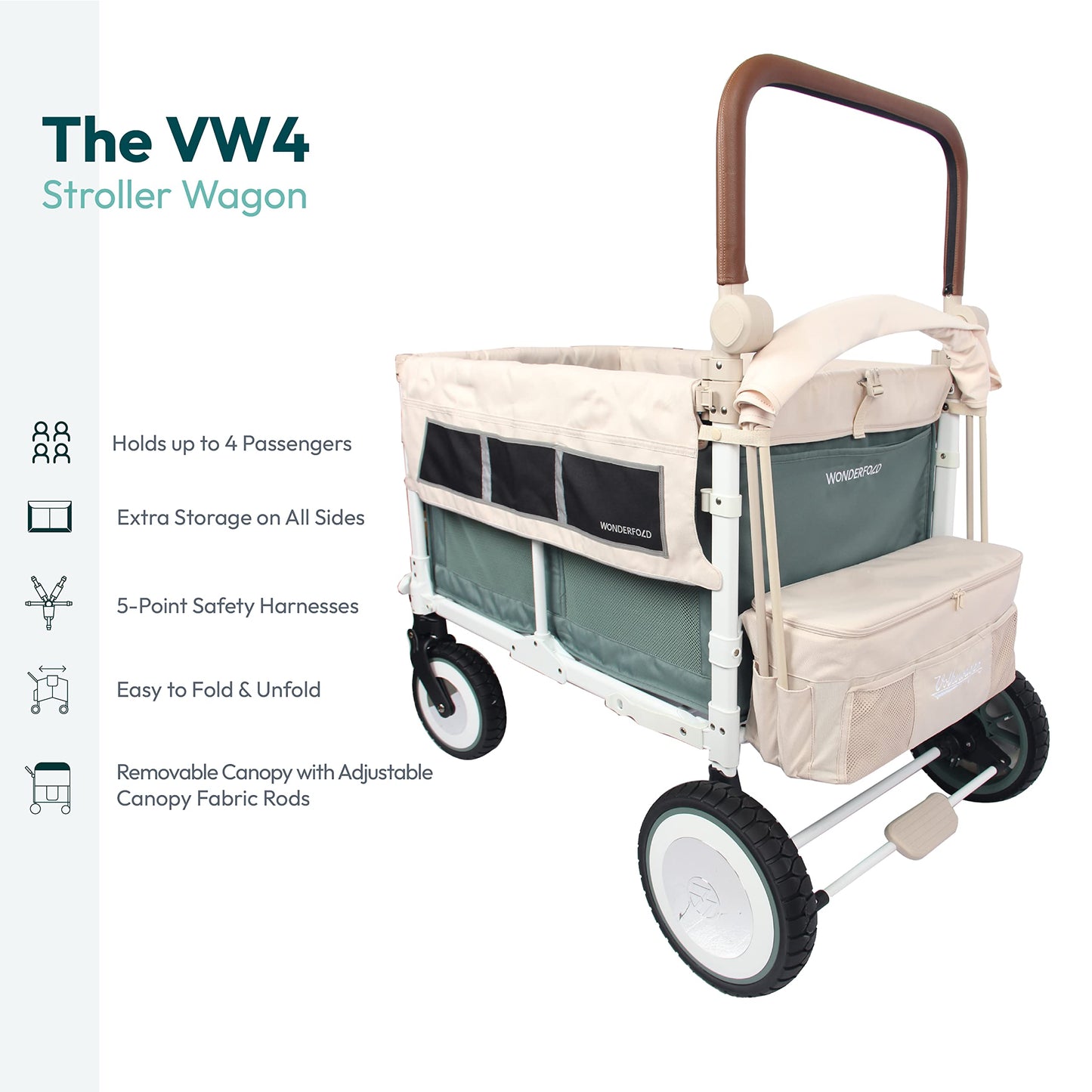 WONDERFOLD W4 Luxe Quad Stroller Wagon Featuring 4 High Face-to-Face Seats with Magnetic Buckle 5-Point Harnesses and Adjustable/Removable UV-Protection Canopy, Hunter Green