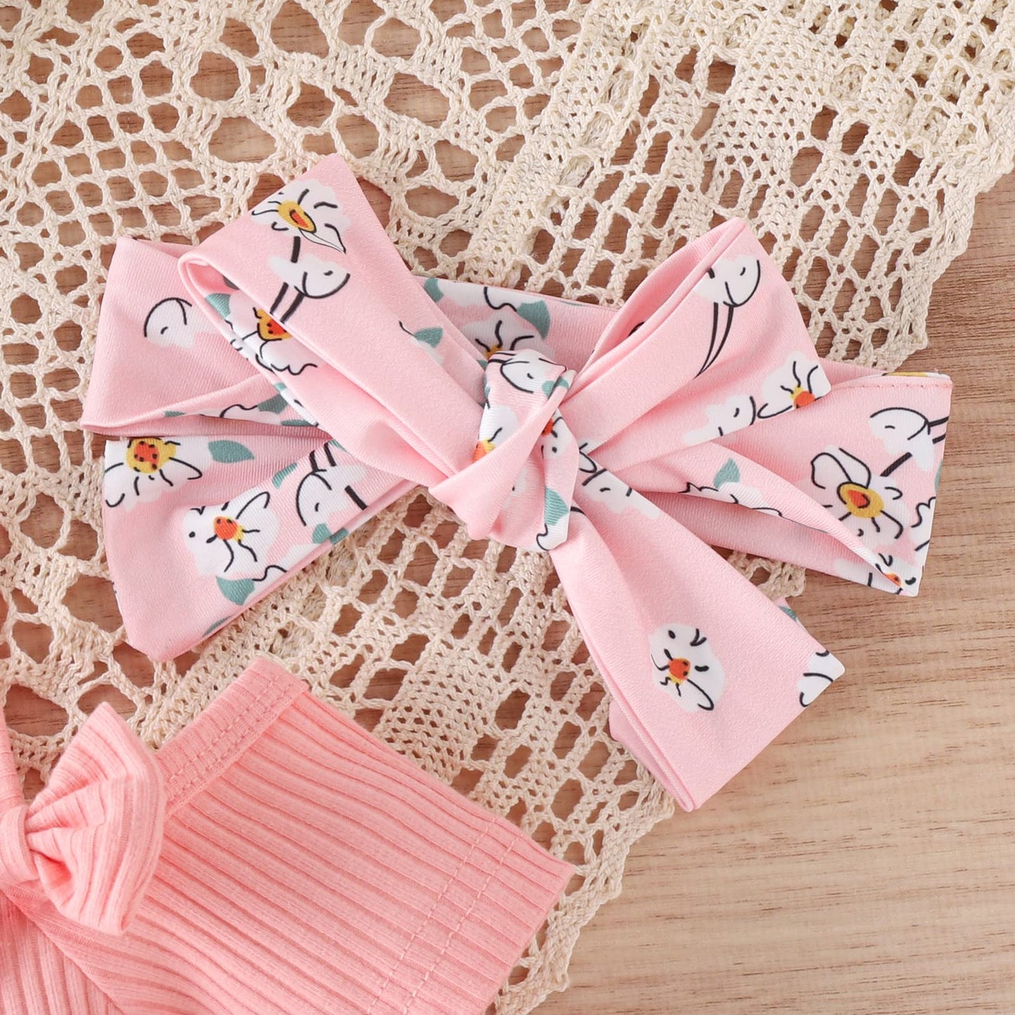 Fernvia Infant Baby Girl Clothes Suspenders Short Sleeve Ribbed Romper Flared Pants Set Headband 3pcs Summer Outfit