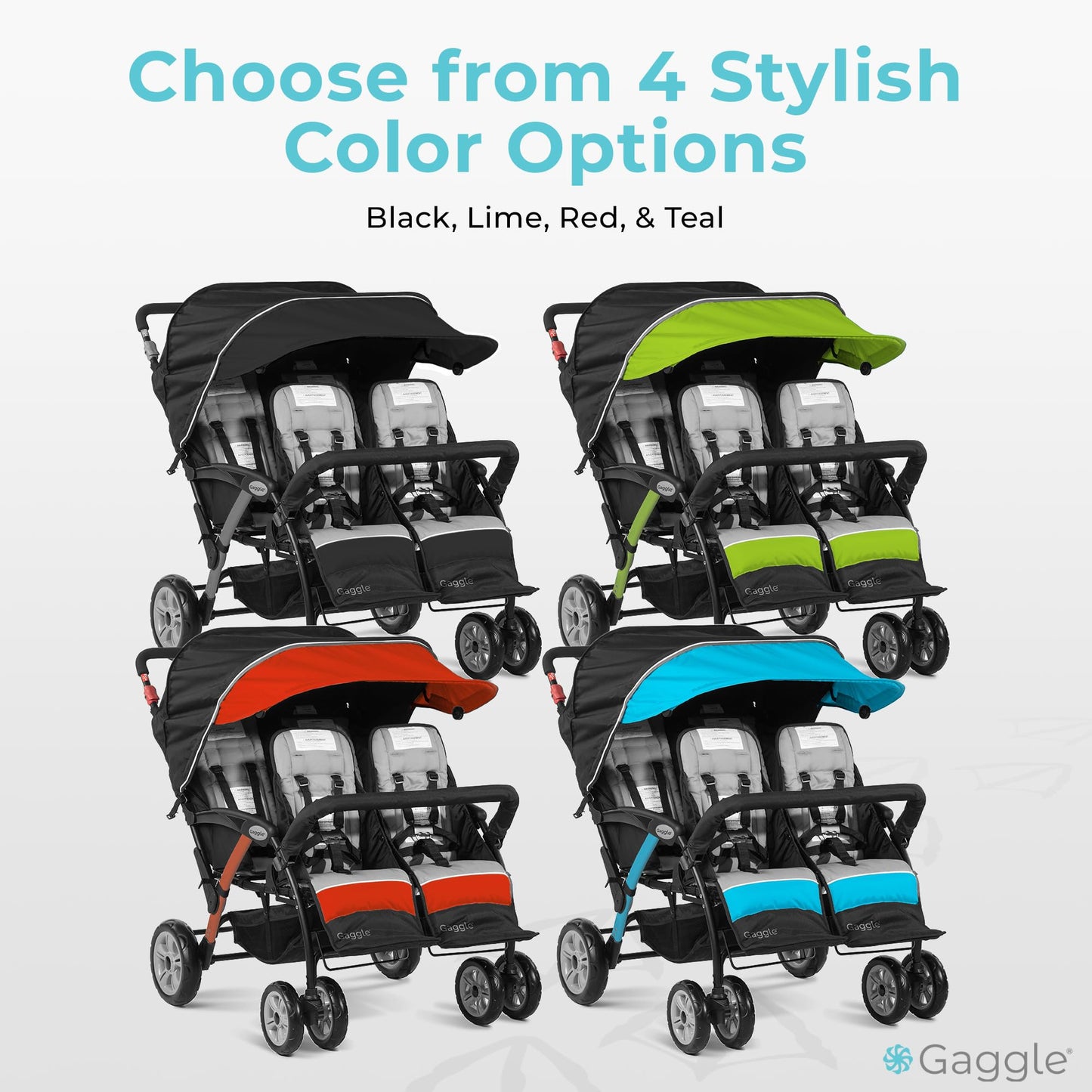 Gaggle by Foundations Compass Quad 4 Seat Stroller | 4-Seat Stroller for Daycare | Oversized UV Blocking Canopy | 5-Point Harness | Easy Loading | Storage Bucket | Black