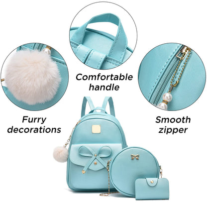 I IHAYNER Girls Bowknot 3-Pieces Fahsion Leather Backpack Backpack Purse for Women Rucksack for Ladies Shoulder Bag