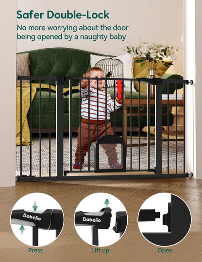 Babelio Upgraded Baby Gate with Cat Door, 29-43" Auto Close Durable Dog Gate for Stairs, Doorways and House, Easy Walk Thru Safety Gate with Pet Door Includes 4 Wall Cups, Black