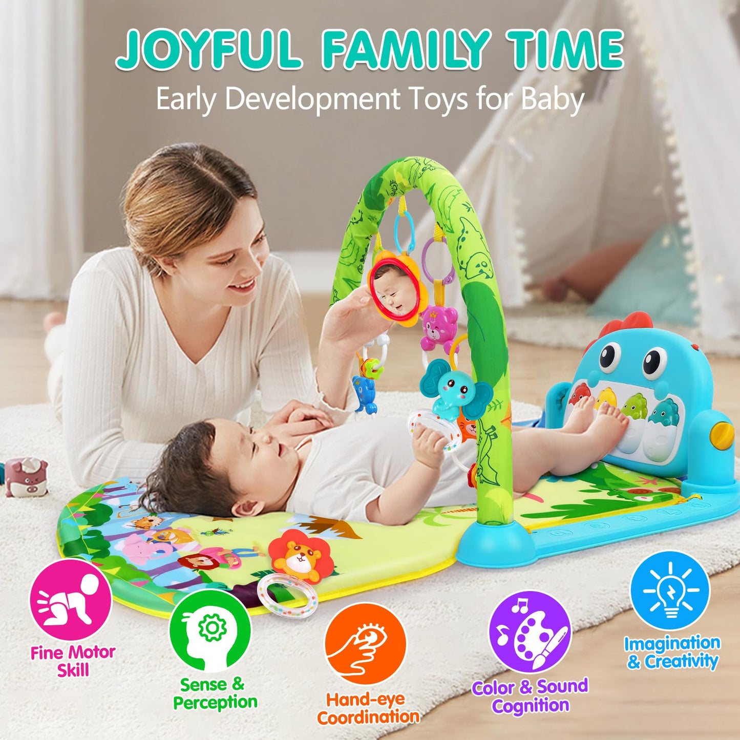 UMIKU Baby Play Mat Baby Tummy Time Mat Activity Center for Newborn Infant Piano Play Gym Mat Music & Light Babies Gifts Boy Girl for Babies 0-6 6-12 Months, Pink Dinosaur