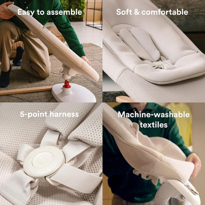 Stokke Yoga Baby Bouncer & Swing, Light Sand - Dual Movement to Soothe & Stimulate Babies Up to 20 lbs - Includes Newborn Cushion for Head Support - Three Adjustable Positions