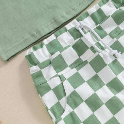 Toddler Baby Boy Summer Clothes Set Short Sleeve Checkered Tops & Shorts Novelty Color Block Outfits