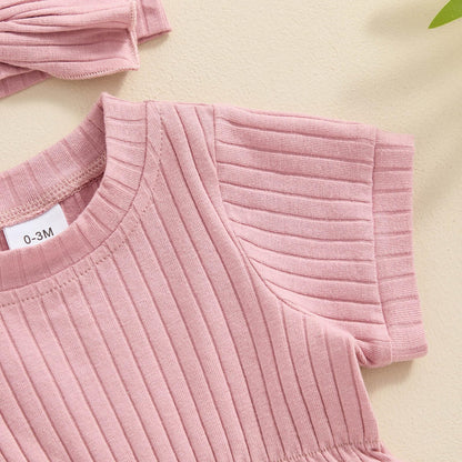 Baby Girl Summer Clothes Ribbed Short Sleeve Romper Solid Color Bodysuits Bow Headband Outfit Newborn Girl Jumpsuit