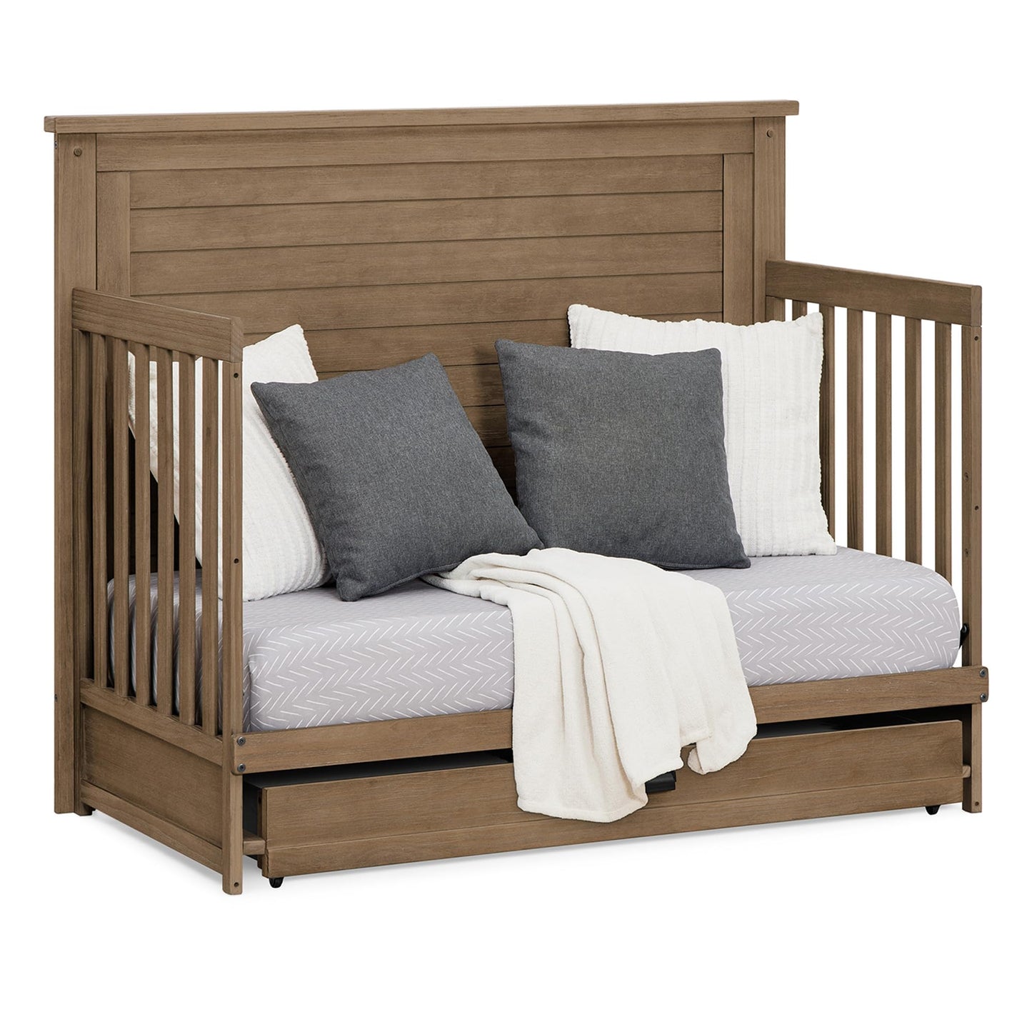 Delta Children Simmons Kids Caden 6-in-1 Convertible Crib with Trundle Drawer, Greenguard Gold Certified, Rustic Mist