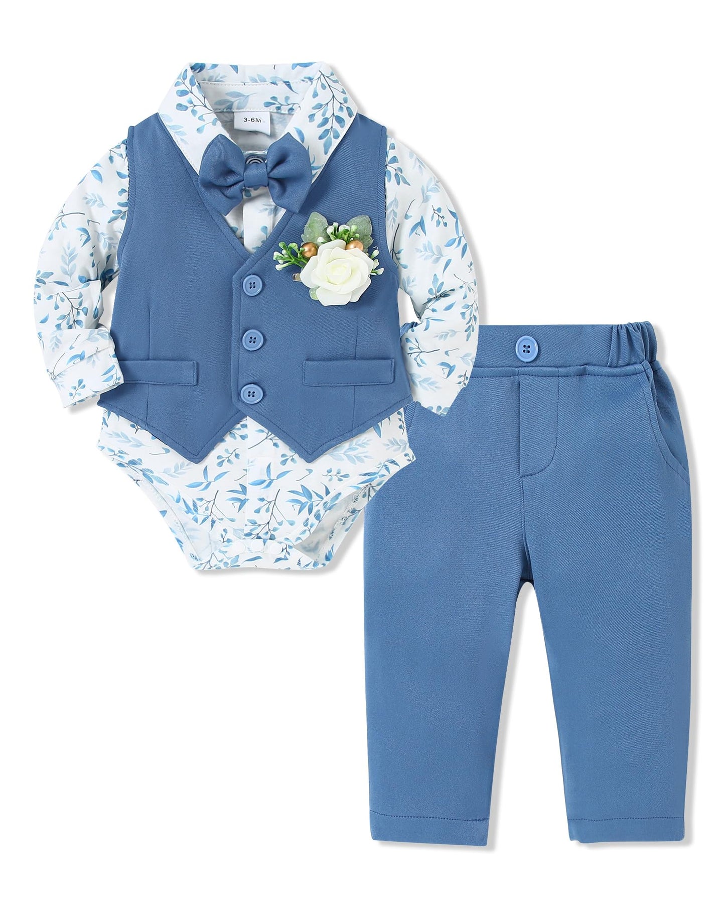 SANMIO Baby Boy Clothes Suits Infant Gentleman Outfit Collared Dress Shirt+Vest+Tie+Corsage+Pants 5Pcs Baby Suit Sets