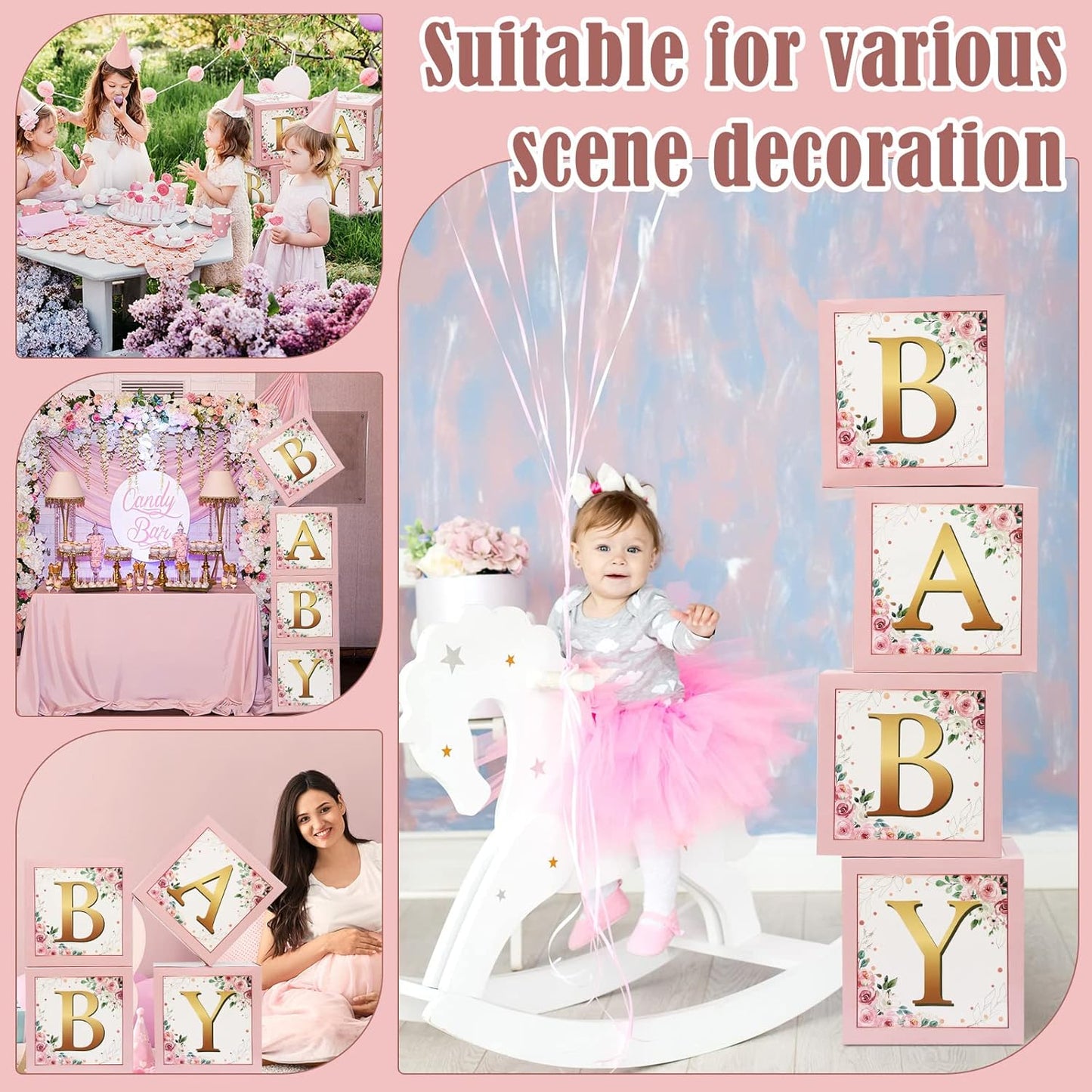 Sabary Baby Boxes with Letters Rustic Floral Pink Baby Shower Backdrop Blocks Box Birthday Party Gender Reveal Photo Props for Girl Boy Shower Decorations(Sweet Baby)