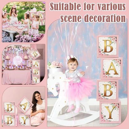 Sabary Baby Boxes with Letters Rustic Floral Pink Baby Shower Backdrop Blocks Box Birthday Party Gender Reveal Photo Props for Girl Boy Shower Decorations(Sweet Baby)