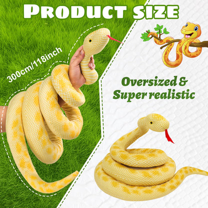Snake Plush 118inch/300cm Stuffed Snake Animal Large Snake Toys Christmas Birthday Gifts for Boys Girls Kids Giant Stuffed Animals Snake Lifelike Plush Snake Fake Snake Yellow