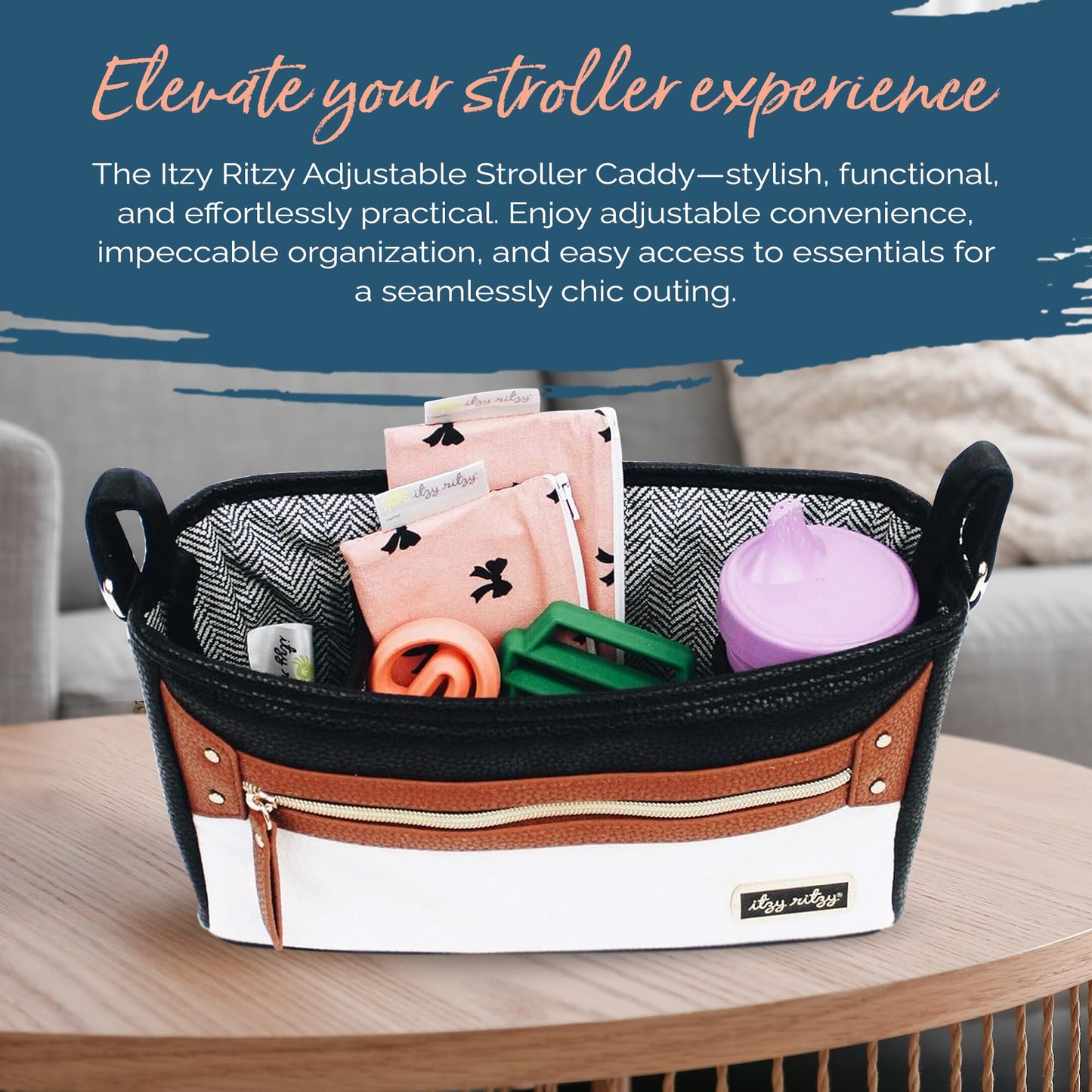 Itzy Ritzy Adjustable Stroller Caddy and Organizer Bag Featuring Front Zippered Pocket, 2 Built-in Interior Pockets & Adjustable Straps to Fit Nearly Any Stroller (Chai)