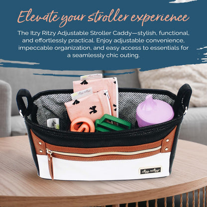 Itzy Ritzy Adjustable Stroller Caddy and Organizer Bag Featuring Front Zippered Pocket, 2 Built-in Interior Pockets & Adjustable Straps to Fit Nearly Any Stroller (Chai)