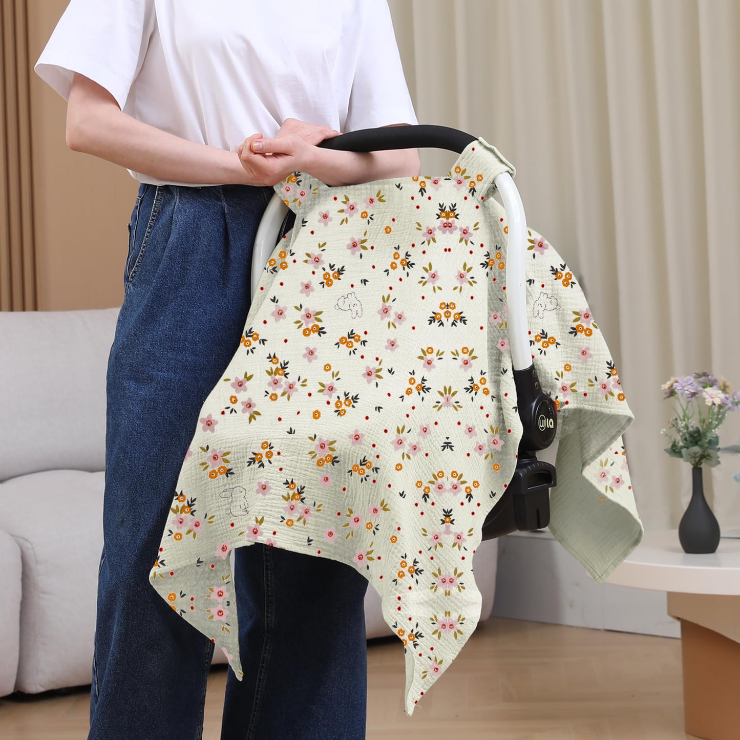 100% Muslin Cotton Car Seat Cover Baby, Carseat Canopy Cover, Universal Fit Stroller Covers for Boys and Girls (Summer Wheat)