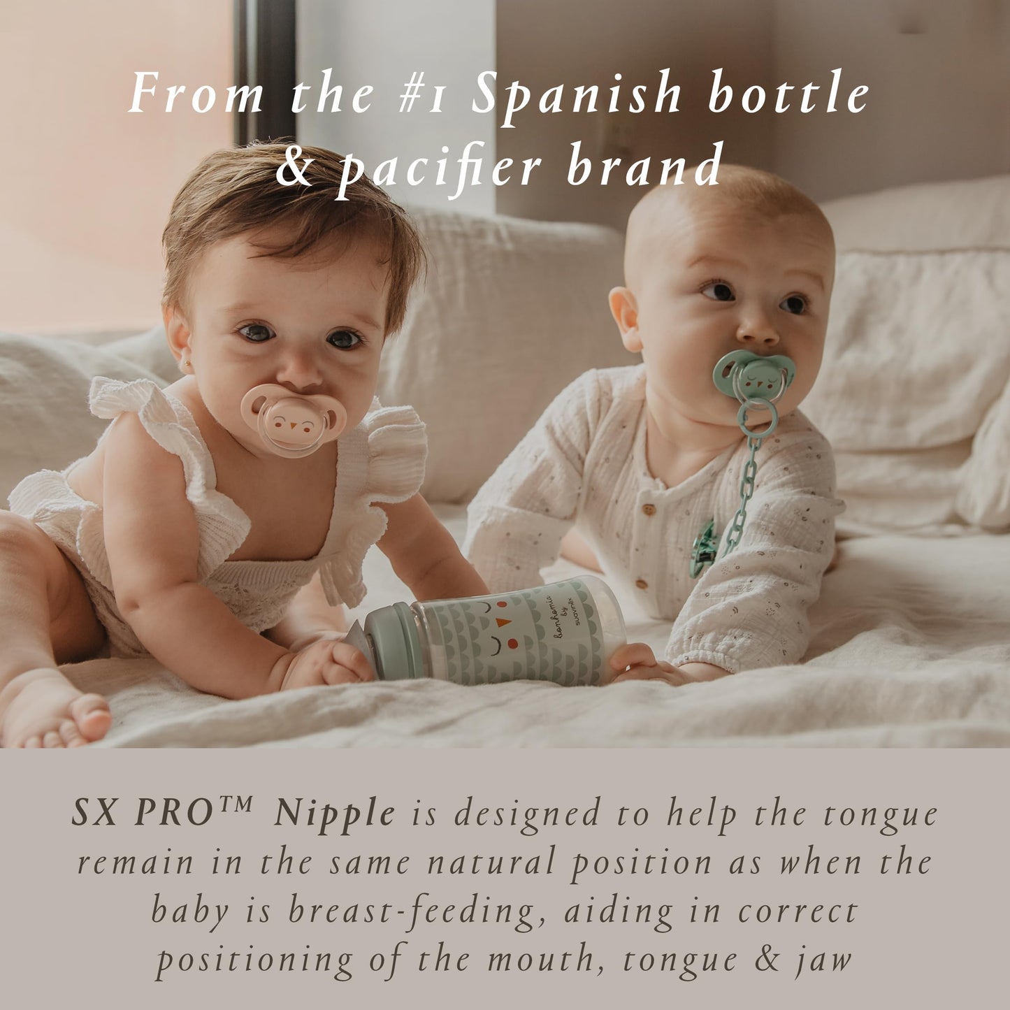 Suavinex Bonhomia SX PRO Physiological Pacifier, Supports Breastfeeding Babies, Pacifiers 18+ Months, 2 Pack Baby Pacifier, Baby Accessories, (Pink/Beige)