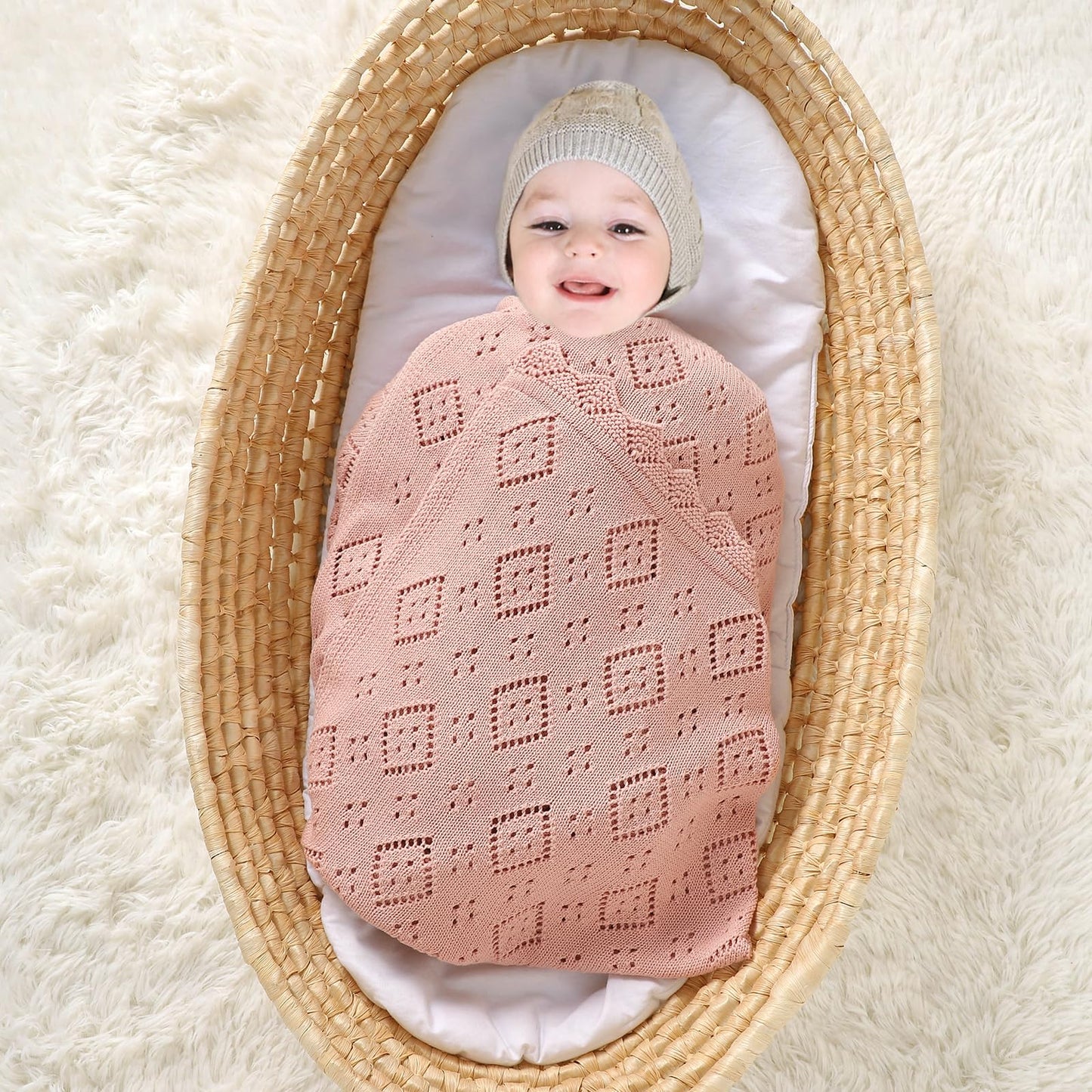 mimixiong Baby Swaddle Blanket 100% Cotton Gender Neutral Pointelle Receiving Blanket for Boys Girls Cuddle Stroller Crib Blanket (Oatmeal)