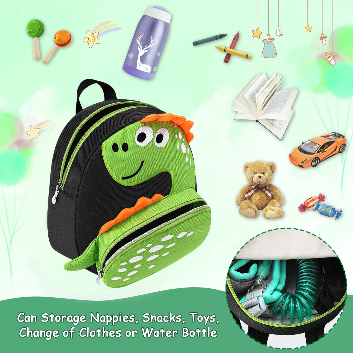 Accmor Toddler Harness Backpack Leash, Cute Dinosaur Backpacks with Anti Lost Wrist Link, Cute Mini Child Backpack Wristband Tether Strap and Protection Leashes for Boys Girls Aged 1-3 Years