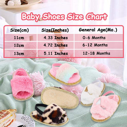 2 Pack Infant Baby Girls Sandals Elastic Back Strap Flats Slippers Soft Toddles Princess Shoes Faux Fur Slides Shoes First Walker House Shoes