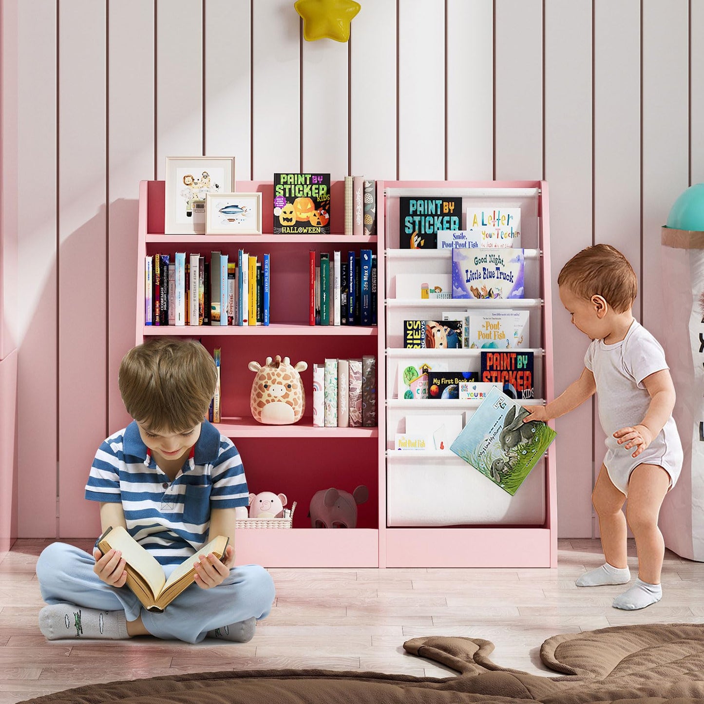 White Kids Bookshelf Wood Toy Storage Organizer Cabinet Children Bookcase Toddler Baby Sling Book Rack 3 Cube Bins Fabric Drawers for Playroom Bedroom Nursery School
