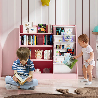 White Kids Bookshelf Wood Toy Storage Organizer Cabinet Children Bookcase Toddler Baby Sling Book Rack 3 Cube Bins Fabric Drawers for Playroom Bedroom Nursery School