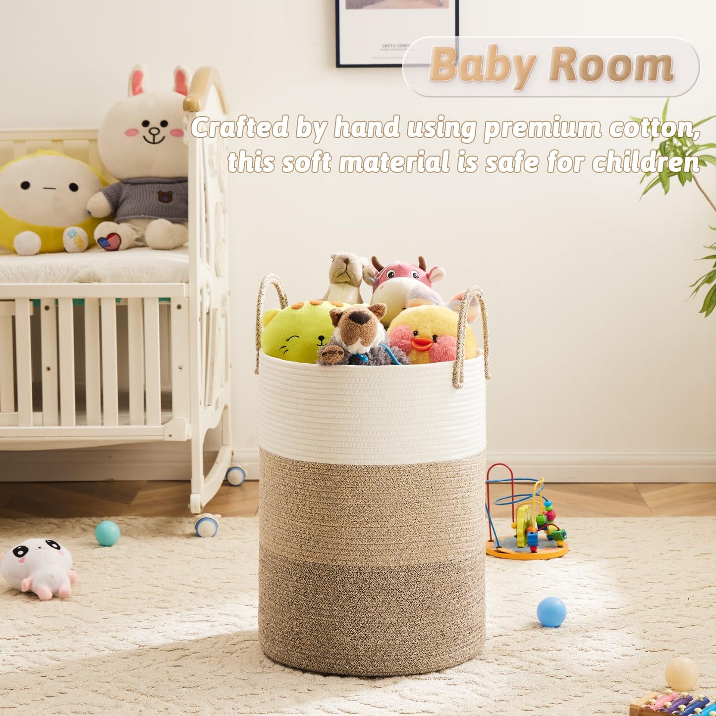 Laundry Basket,Woven Cotton Rope Laundry Hamper,60L for Decor Storage of Dirty Clothes,Toys and Blankets in Bathroom,Baby Room and Living Room