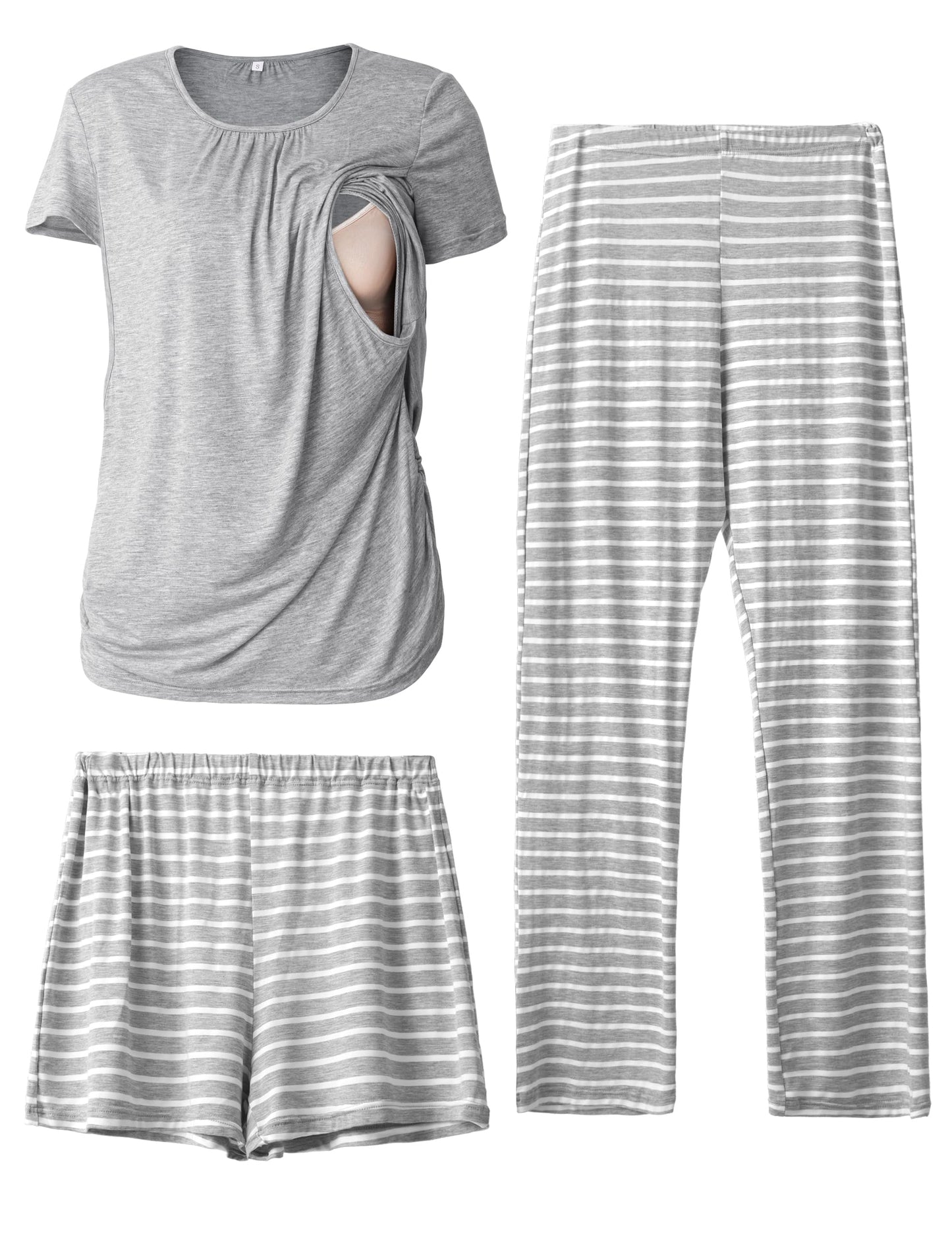 SUNNYBUY Womens Maternity Nursing Pajamas Set, Short Sleeve Breastfeeding Shirts，Pregnancy Shorts & Pants 3 Piece Nursing PJS
