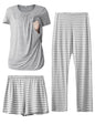 SUNNYBUY Womens Maternity Nursing Pajamas Set, Short Sleeve Breastfeeding Shirts，Pregnancy Shorts & Pants 3 Piece Nursing PJS