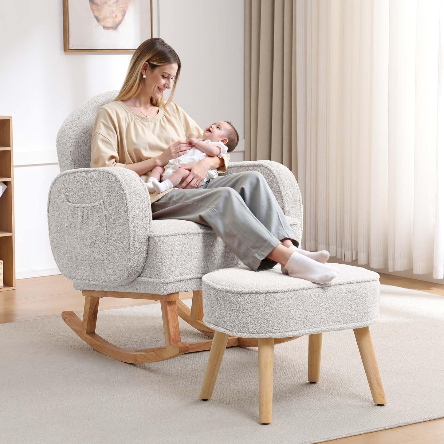 Rocking Chair with Ottoman, Upholstered Glider Rocker with High Backrest and Side Pocket, Rocking Accent Armchair with Solid Wood Legs for Nursery, Living Room, Bedroom Green