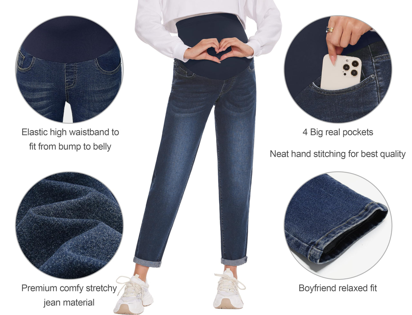 POSHGLAM Women's Maternity Jeans Over Belly Comfy Stretch Boyfriend Jeans Loose Pregnancy Pants, S-XXL