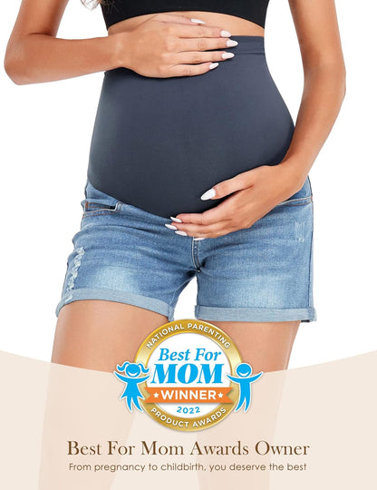 HOFISH Women's Maternity Jeans Shorts Over The Belly Stretchy Comfy Denim Shorts Pants Casual Workout Pregnancy Shorts