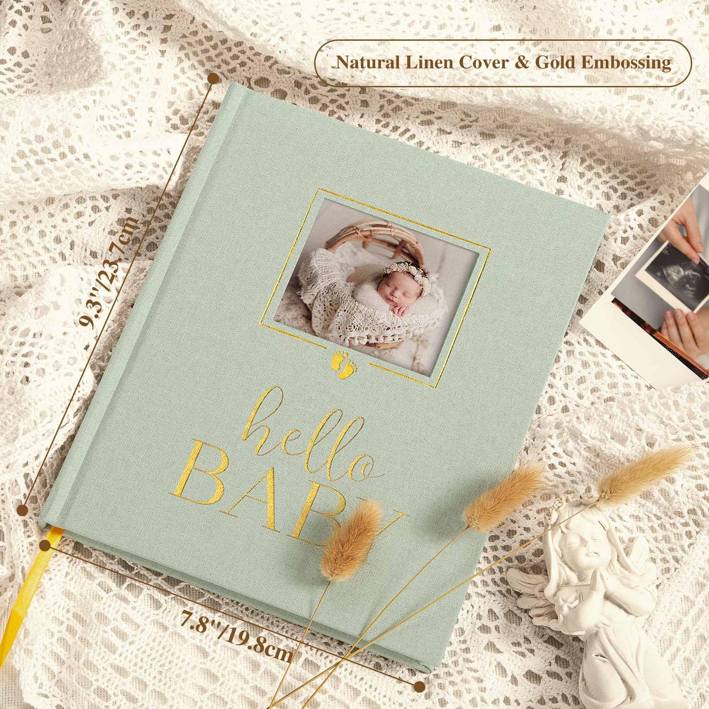 Lanpn Hello Baby Memory Book, Newborn First 5 Year Keepsake with DIY Window, Linen Baby Book Memories Journal Scrapbook Photo Book, Baby Milestone Album for Boy Girl New Parents (Beige, 154 Pages)