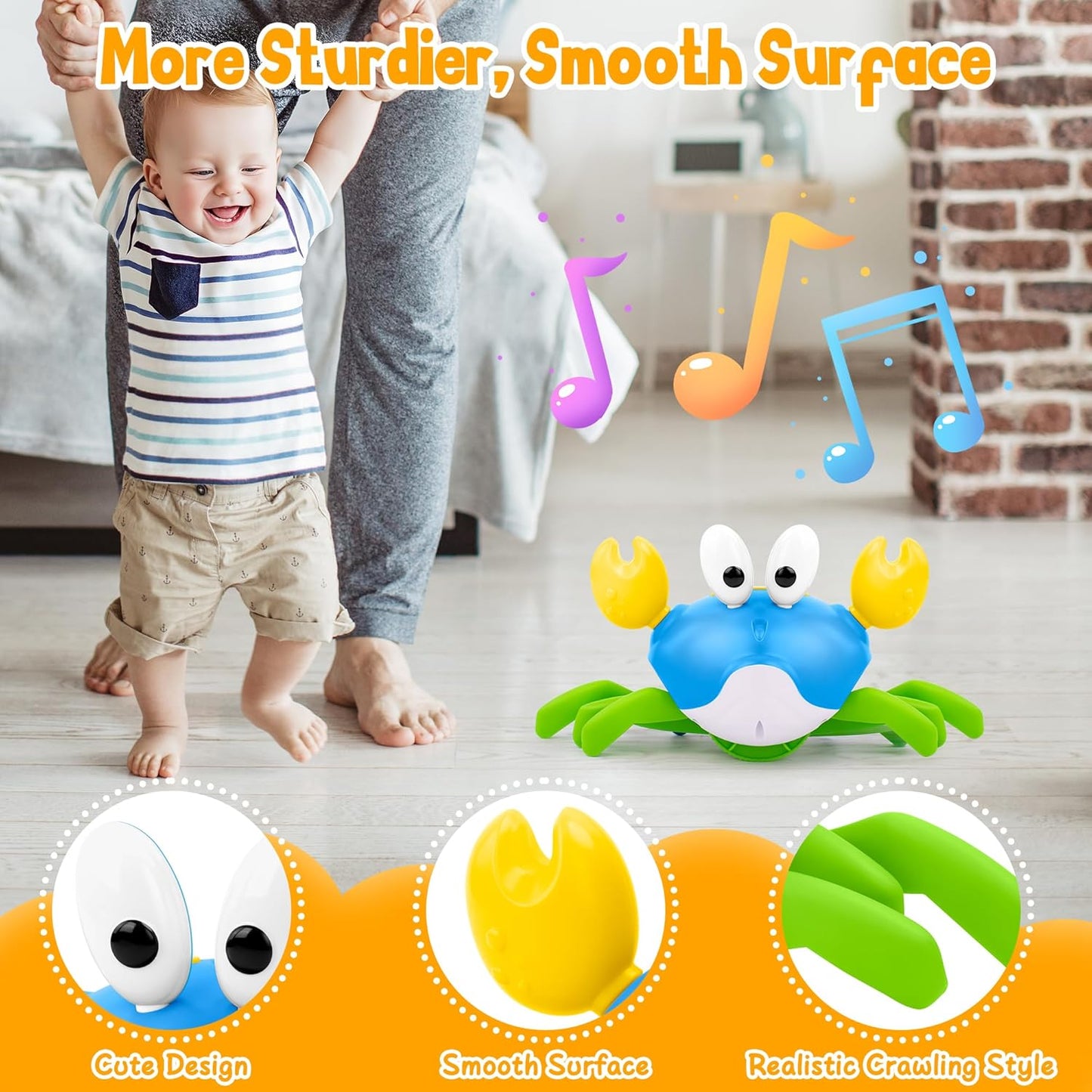 Crawling Crab Baby Toy, Increase Baby's Tummy Time Crab, Inspire Crawling, Automatic Obstacle, Rechargeable, Music, Speed Adjustment, Recording, Dancing Crab Toy for Kid's Sensory Development