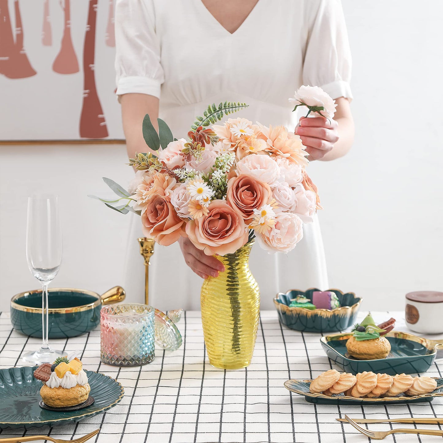 Artificial Flowers Combo, Fake Flowers for DIY Tables Centerpieces Baby Shower Bridal Shower Wedding Bouquet Arrangements Party Candle Holder Cake Decor Flower Home Decorations