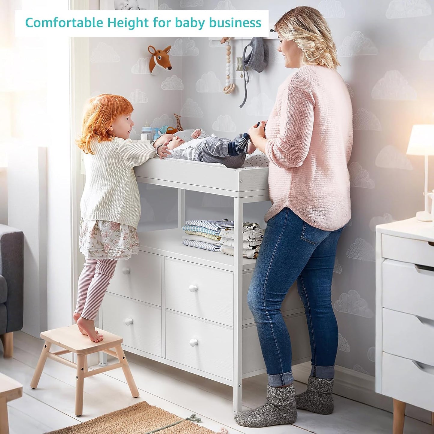 BOLUO White Changing Table with Drawers Fabric Baby Dresser with Changing Table Top Diaper Changing Station with Storage Shelf for Nursery Modern