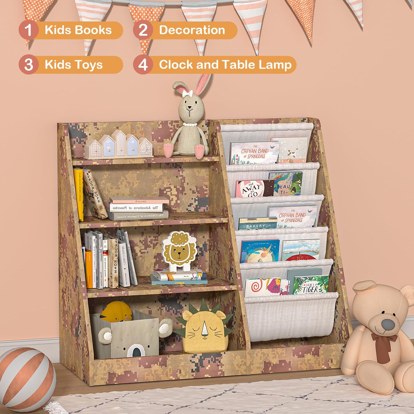 White Kids Bookshelf Wood Toy Storage Organizer Cabinet Children Bookcase Toddler Baby Sling Book Rack 3 Cube Bins Fabric Drawers for Playroom Bedroom Nursery School