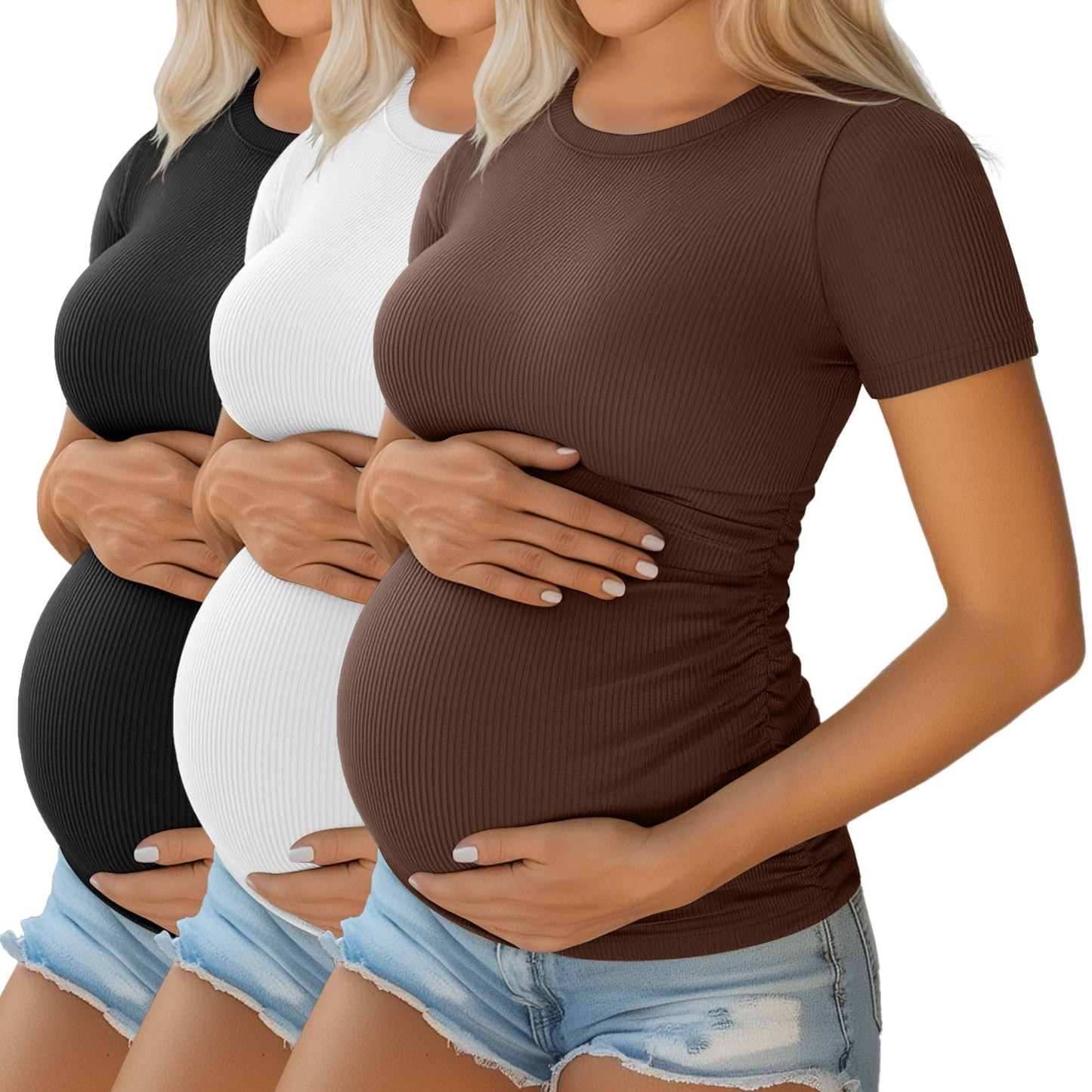 Ficerd 3 Pack Women's Maternity Shirts Cotton Short Sleeve Pregnancy Tops Side Ruched Ribbed Casual Mama tees Clothes
