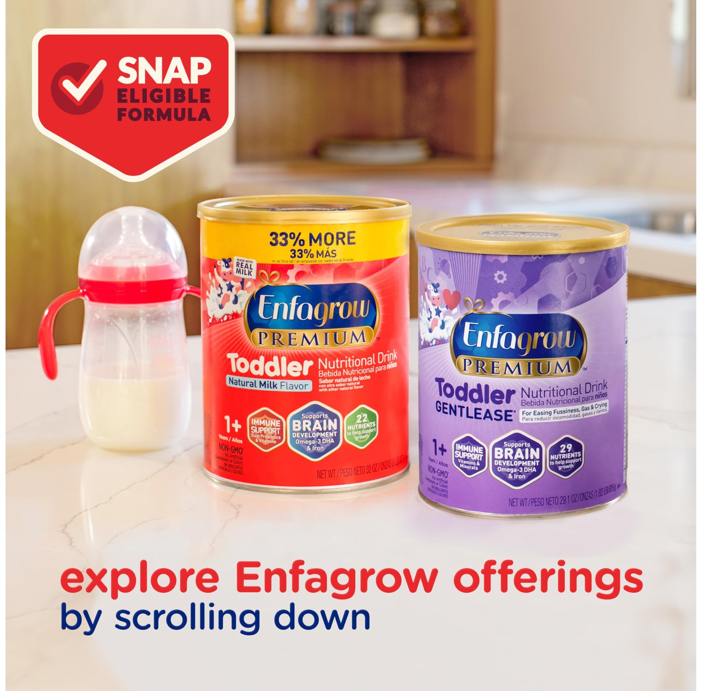 Enfagrow PREMIUM Toddler Nutritional Drink, Made with Real Milk, Brain-Building Omega-3 DHA, Nutrients and Prebiotics for Growth & Immune Support, Non-GMO, Toddler Milk Powder, 24 Oz Can