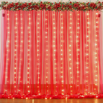 White Tulle Backdrop Curtain with Lights String for Parites 10×8ft Sheer Backdrop Curtains White Curtain Backdrop for Wedding Baby Shower Birthday Party Photo Shoot Decorations(2 Panels 10ft×8ft)