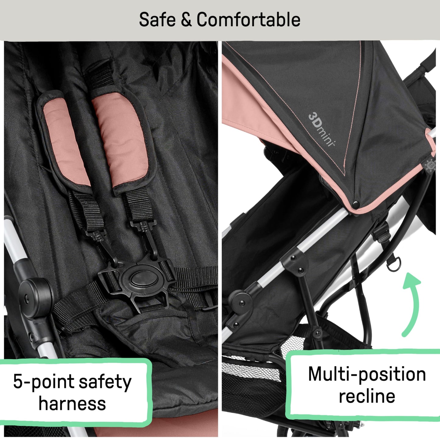 Summer by Ingenuity 3D Mini Convenience Stroller – Lightweight Stroller with Compact Fold, Multi-Position Recline, Canopy with Pop Out Sun Visor and More – Umbrella Stroller for Travel, Pink