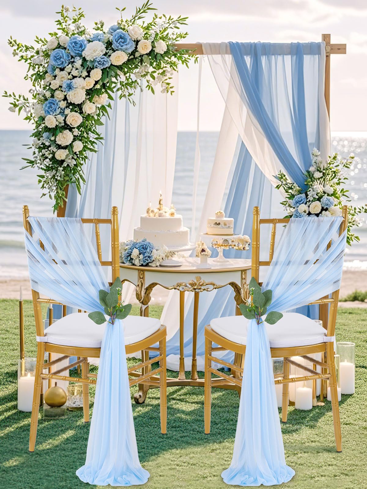 QueenDream Light Blue Sashes Chair Aisle Decorations: 24 Pack Baby Shower Chair Cover 8FT Long Tulle Draping Fabric Wedding Reception Church
