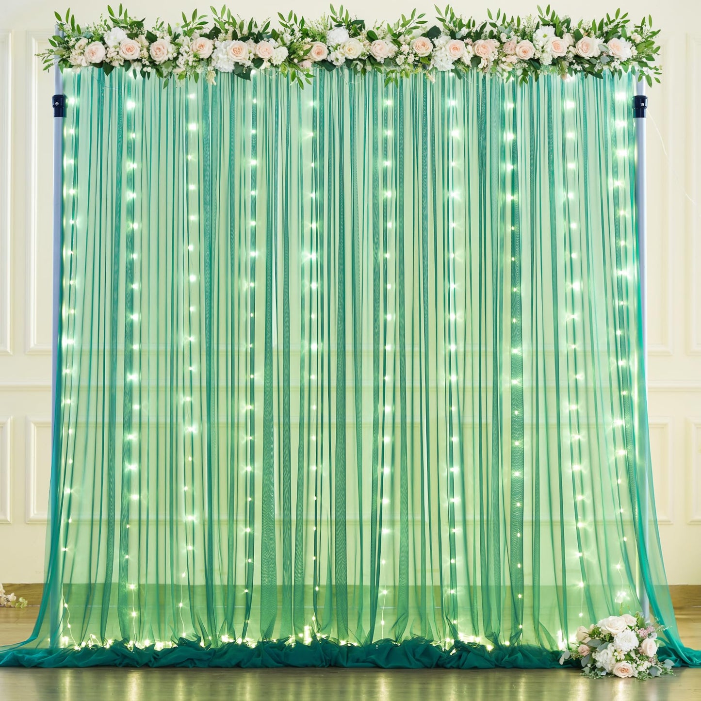 White Tulle Backdrop Curtain with Lights String for Parites 10×8ft Sheer Backdrop Curtains White Curtain Backdrop for Wedding Baby Shower Birthday Party Photo Shoot Decorations(2 Panels 10ft×8ft)