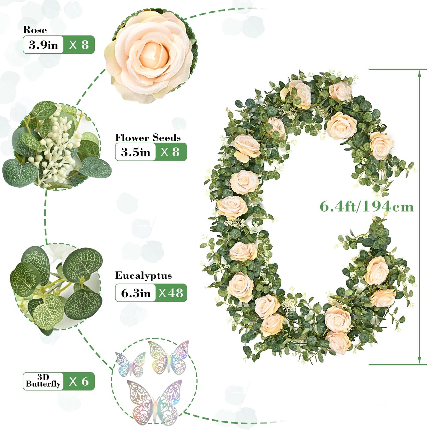 Yastouay 6.4 Ft Fuller Artificial Eucalyptus Garland with Champagne Flowers Fake Rose Vine for Table Centerpiece Wedding Baby Shower Party Room Backdrop Decor