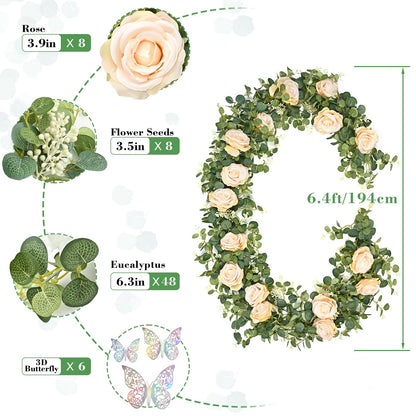 Yastouay 6.4 Ft Fuller Artificial Eucalyptus Garland with Champagne Flowers Fake Rose Vine for Table Centerpiece Wedding Baby Shower Party Room Backdrop Decor